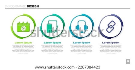 Set Calendar with email, Phone and graphic tablet, Headphones and Chain link. Business infographic template. Vector