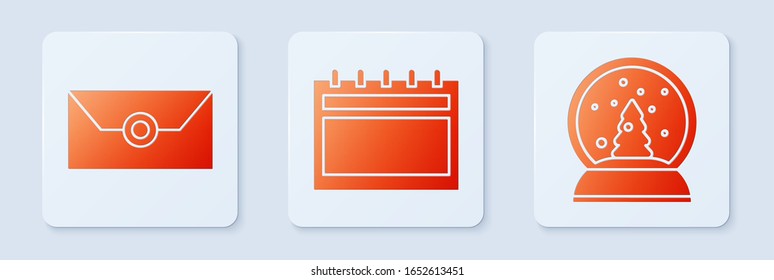 Set Calendar, Envelope with christmas party invitation card and Christmas snow globe. White square button. Vector