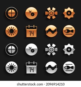 Set Calendar, Falling star, Pisces zodiac, Planet, Sun, Earth globe and Venus symbol icon. Vector