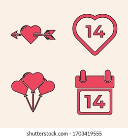 Set Calendar with February 14, Amour with heart and arrow, Heart and Balloons in form of heart icon. Vector