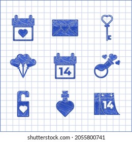 Set Calendar with February 14, Bottle love potion, Please do not disturb heart, Balloons in form of, Key shape and  icon. Vector