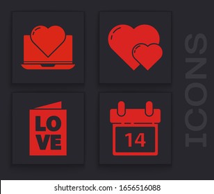 Set Calendar with February 14, Laptop with heart, Heart and Valentines day party flyer icon. Vector