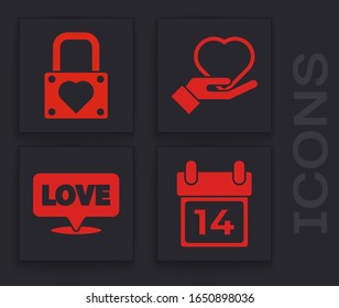 Set Calendar with February 14, Lock and heart, Heart on hand and Speech bubble with text love icon. Vector