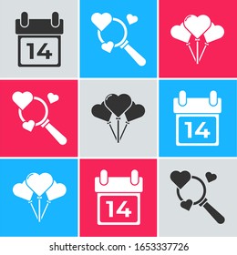 Set Calendar with February 14, Search heart and love and Balloons in form of heart icon. Vector