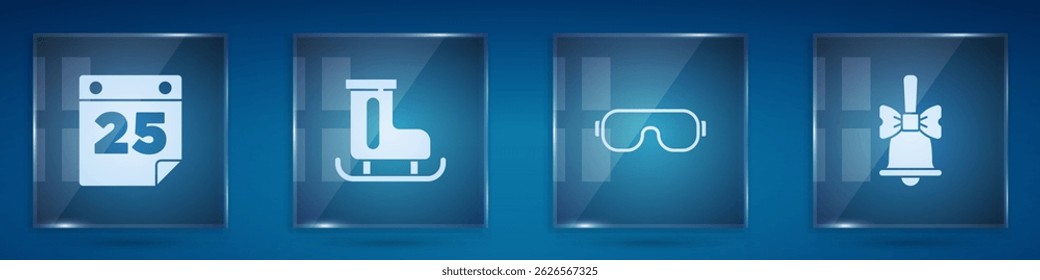 Set Calendar, Figure skates, Ski goggles and Merry Christmas ringing bell. Square glass panels. Vector