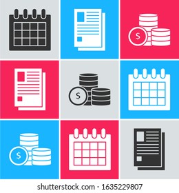 Set Calendar, File document and Coin money with dollar symbol icon. Vector