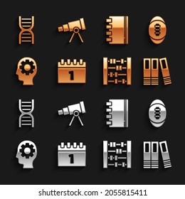 Set Calendar first september date, American Football ball, Office folders, Abacus, Head with gear inside, Spiral notebook, DNA symbol and Telescope icon. Vector