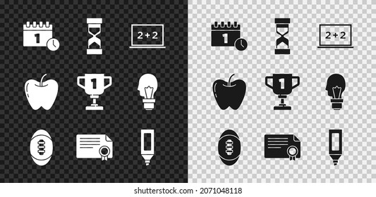 Set Calendar first september date, Old hourglass with sand, Chalkboard, American Football ball, Certificate template, Marker pen, Apple and Award cup icon. Vector