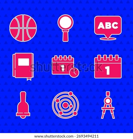 Set Calendar first september date, Solar system, Drawing compass, Ringing bell, Book, Alphabet and Basketball ball icon. Vector
