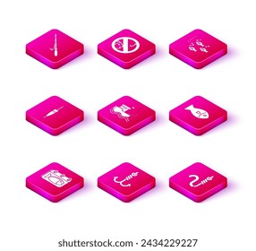 Set Calendar with a fish, Fishing hook, float, boat fishing rod on water, and worm, under and No icon. Vector
