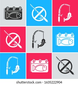 Set Calendar with a fish, No fishing and Fishing rod and fish icon. Vector