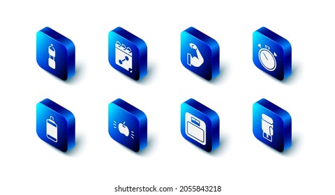 Set Calendar fitness, Bodybuilder muscle, Stopwatch, Boxing glove, Bathroom scales, Apple, Punching bag and Bottle of water icon. Vector