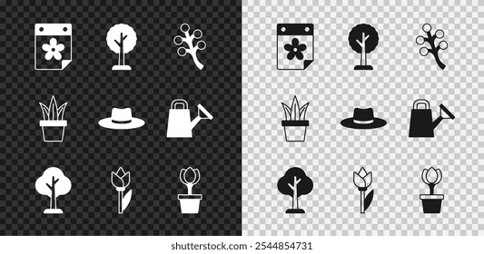 Set Calendar with flower, Forest, Blossom tree branch, Flower tulip, in pot, Plant and Gardener worker hat icon. Vector