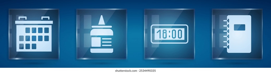 Ajuste el calendario, pegamento, reloj despertador digital y cuaderno espiral. Paneles de vidrio cuadrados. Vector