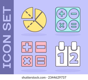 Set Calendar, Graph, schedule, chart, diagram, Calculator and Calculator icon. Vector