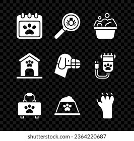 Set Calendar grooming, Flea search, Pets bath, first aid kit, food bowl, Paw print, Dog house and paw and muzzle icon. Vector