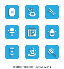 Set Calendar with haircut day, Bottle of shampoo, Hairbrush, Barber apron, Cream cosmetic tube, Barbershop chair, clip and Blade razor icon. Vector