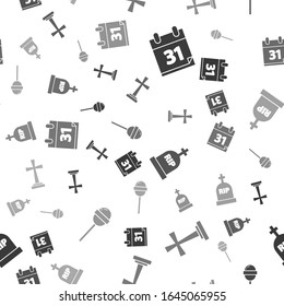 Set Calendar with Halloween date 31 october, Tombstone with cross , Tombstone with RIP and Lollipop  on seamless pattern. Vector