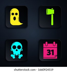 Set Calendar with Halloween date 31 october, Ghost , Skull on crossbones  and Wooden axe . Black square button. Vector