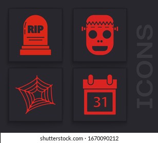 Set Calendar with Halloween date 31 october , Tombstone with RIP, Zombie mask  and Spider web  icon. Vector