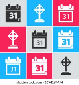 Set Calendar with Halloween date 31 october, Tombstone with cross   Vector