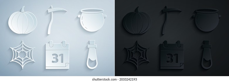 Set Calendar with Halloween date 31 october, witch cauldron, Spider web, Bottle potion, Scythe and Pumpkin icon. Vector