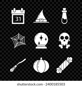 Set Calendar with Halloween date 31 october, Witch hat, Bottle potion, Witches broom, Pumpkin, Candy, Spider web and Magic ball icon. Vector
