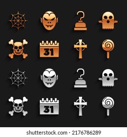 Set Calendar with Halloween, Ghost, Lollipop, Tombstone cross, Skull crossbones, Pirate hook, Spider web and Vampire icon. Vector