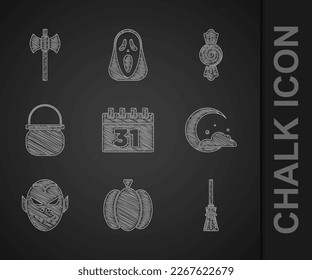 Set Calendar with Halloween, Pumpkin, Witches broom, Moon and stars, Vampire, witch cauldron, Candy and Wooden axe icon. Vector