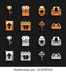 Fijar el calendario con Feliz Pascua, tarjeta de saludo, torta, cruz cristiana, libro sagrado de la biblia, huevo, tulipán de flor e ícono. Vector