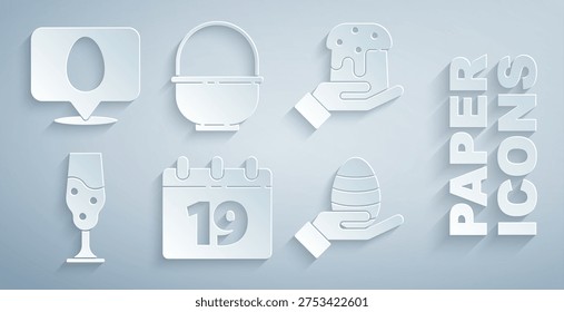 Set Calendar with Happy Easter, Human hand and easter cake, Wine glass, egg, Basket and Speech bubble icon. Vector