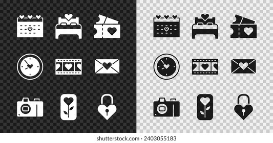 Set Calendar with heart, Bedroom, Love ticket, Photo camera, Flower rose, Castle in the shape of, Clock and Play Video icon. Vector