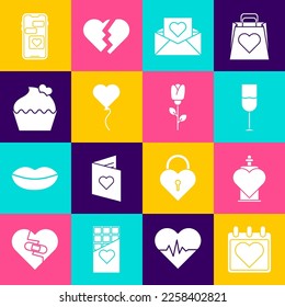 Set Calendar with heart, Bottle love potion, Wine glass, Envelope Valentine, Balloon form of, Wedding cake, Mobile and Flower rose icon. Vector