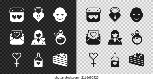 Set Calendar with heart, Castle in the shape of, Romantic man, Female gender symbol, Bottle love potion, Wedding cake, Envelope Valentine and girl icon. Vector