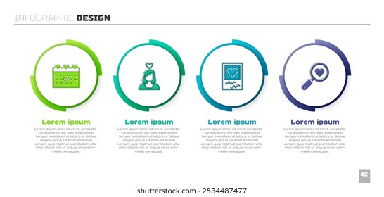 Defina Calendário com coração, Casal apaixonado, Molduras e corações de foto e Busca. Modelo de infográfico comercial. Vetor