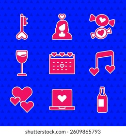 Set Calendar with heart, Dating app online, Wine bottle, Music note, tone hearts, Heart, glass, Candy and Key shape icon. Vector