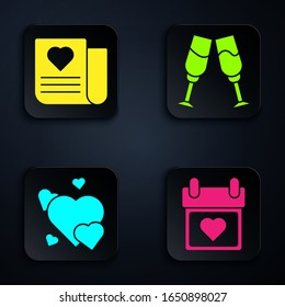 Set Calendar with heart, Envelope with Valentine heart, Heart and Glass of champagne. Black square button. Vector