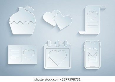 Set Calendar with heart, Envelope Valentine, Valentines day flyer, Mobile, Heart and Wedding cake icon. Vector