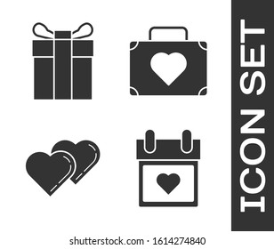 Set Calendar with heart, Gift box, Two Linked Hearts and Suitcase for travel with heart icon. Vector