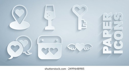 Set Calendar with heart, Key in shape, Heart speech bubble, wings, Glass of champagne and Location icon. Vector