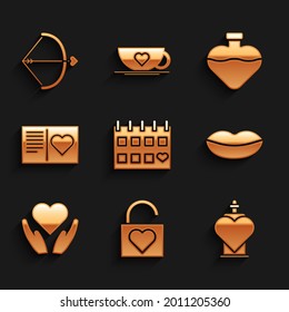 Set Calendar with heart, Lock and, Bottle love potion, Smiling lips, Heart hand, Valentines day flyer,  and Bow arrow icon. Vector