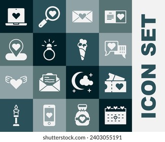 Set Calendar with heart, Love ticket, Heart in speech bubble, Envelope Valentine, Diamond engagement ring, Location, Dating app online and Ice cream waffle cone icon. Vector