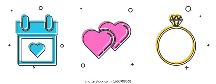 Set Calendar with heart, Two Linked Hearts and Diamond engagement ring icon. Vector