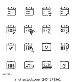 set of calendar icon collection, Clock Date, Deadline, thin line symbol isolated on white background, editable stroke eps 10 vector illustration