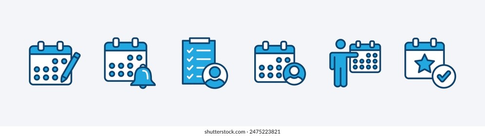 Set of calendar icon. Containing event planner, reminder, date, schedule, notification, agenda, appointment, organizer, checklist. Vector illustration