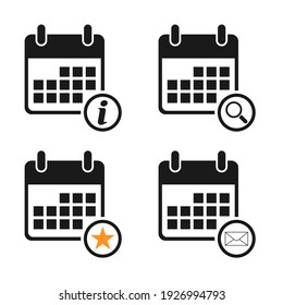Set of calendar icon, date event symbol isolated on white background. Vector web button