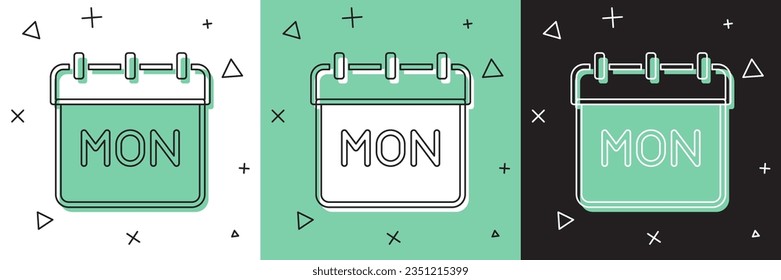 Establezca el icono Calendario aislado en fondo blanco y verde y negro. Símbolo del recordatorio de evento.  Vector