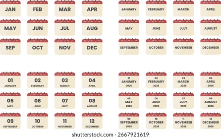 Set of calendar icon monthly format in various style