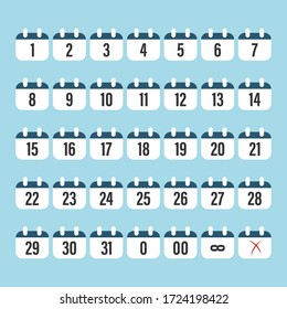 Set calendar icon with numbers from 1 to 31. Simple sign.