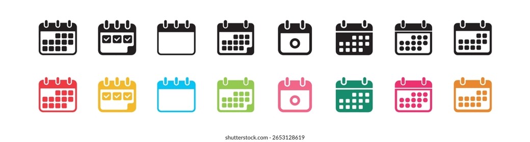Conjunto de Ilustración vectorial de iconos de calendario, diferentes estilos y colores, aislados sobre fondo blanco. Perfecto para Elementos de Sitio web, diseño ui ux y aplicaciones empresariales.
